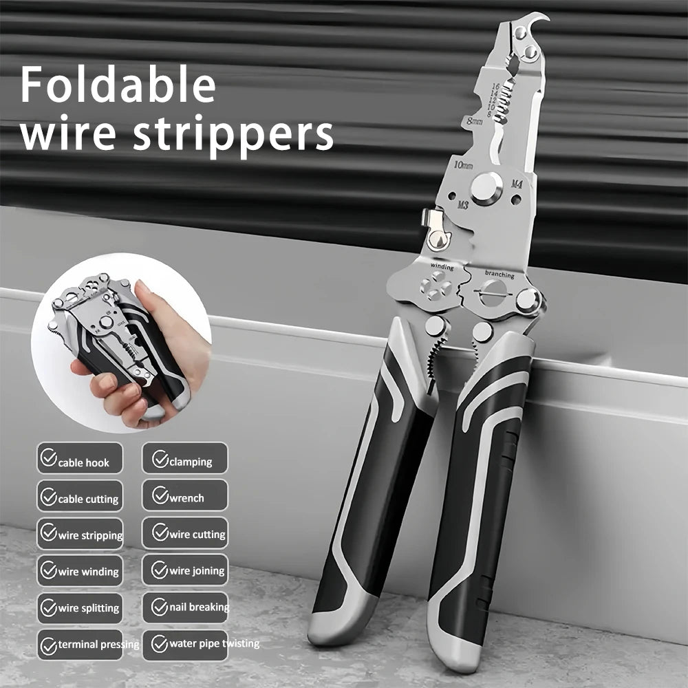Foldable wire stripper, pulley design multi-function electrician wire splitter wire winding pliers crimping pliers hand tool