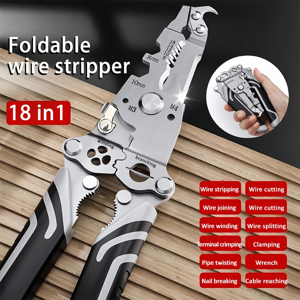Foldable wire stripper, pulley design multi-function electrician wire splitter wire winding pliers crimping pliers hand tool