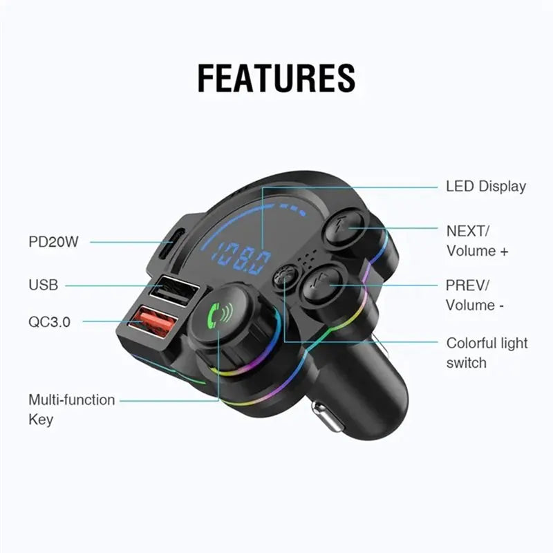 Wireless Car Adapter Bluetooth 5.3 FM Transmitter MP3 Music Player QC3.0& PD 20W Dual Fast Charging