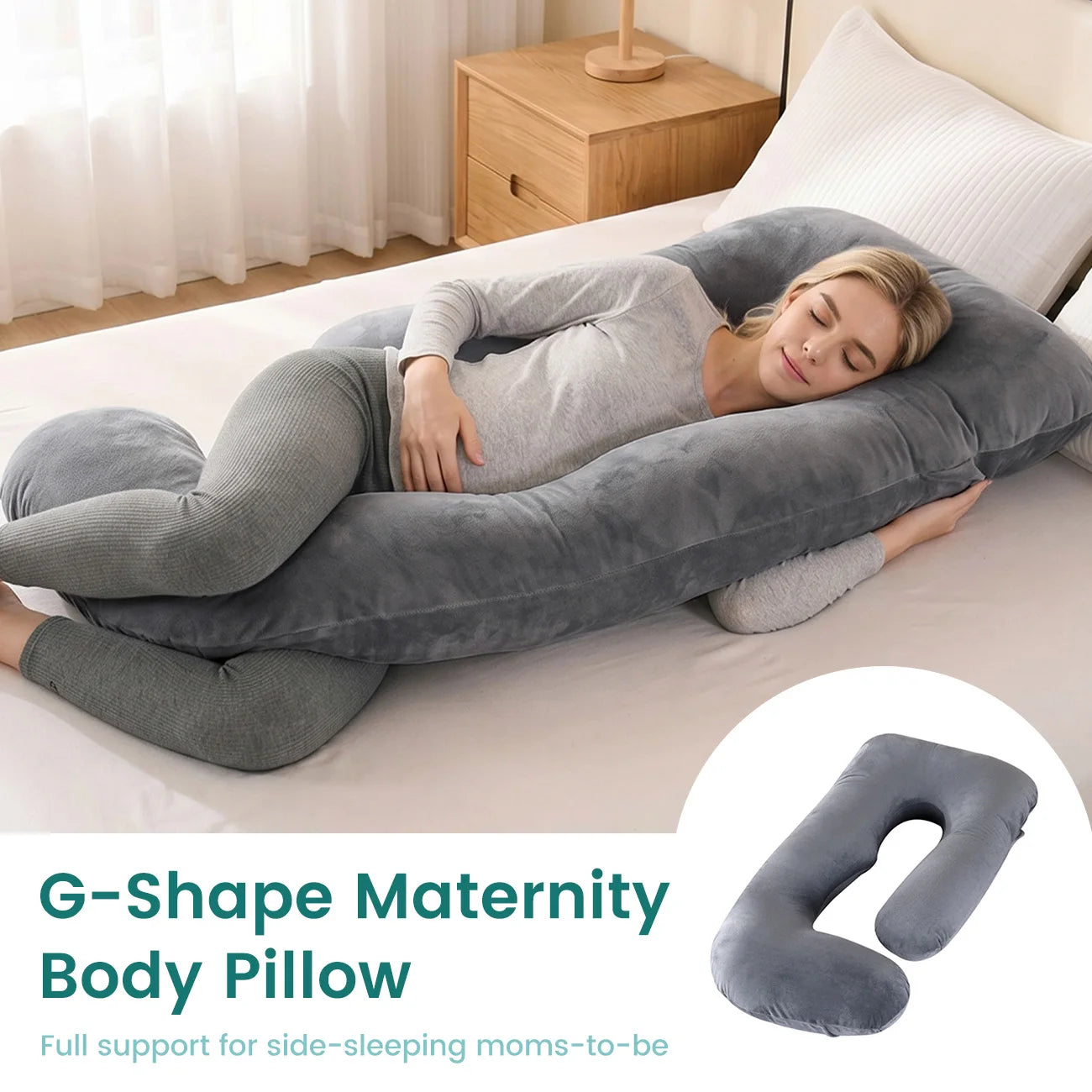 G-Shape Maternity Pillow, Full Body Support Pregnancy Pillow for Sleeping, Nursing & Side Sleeping, Soft Cotton Cover, Gray