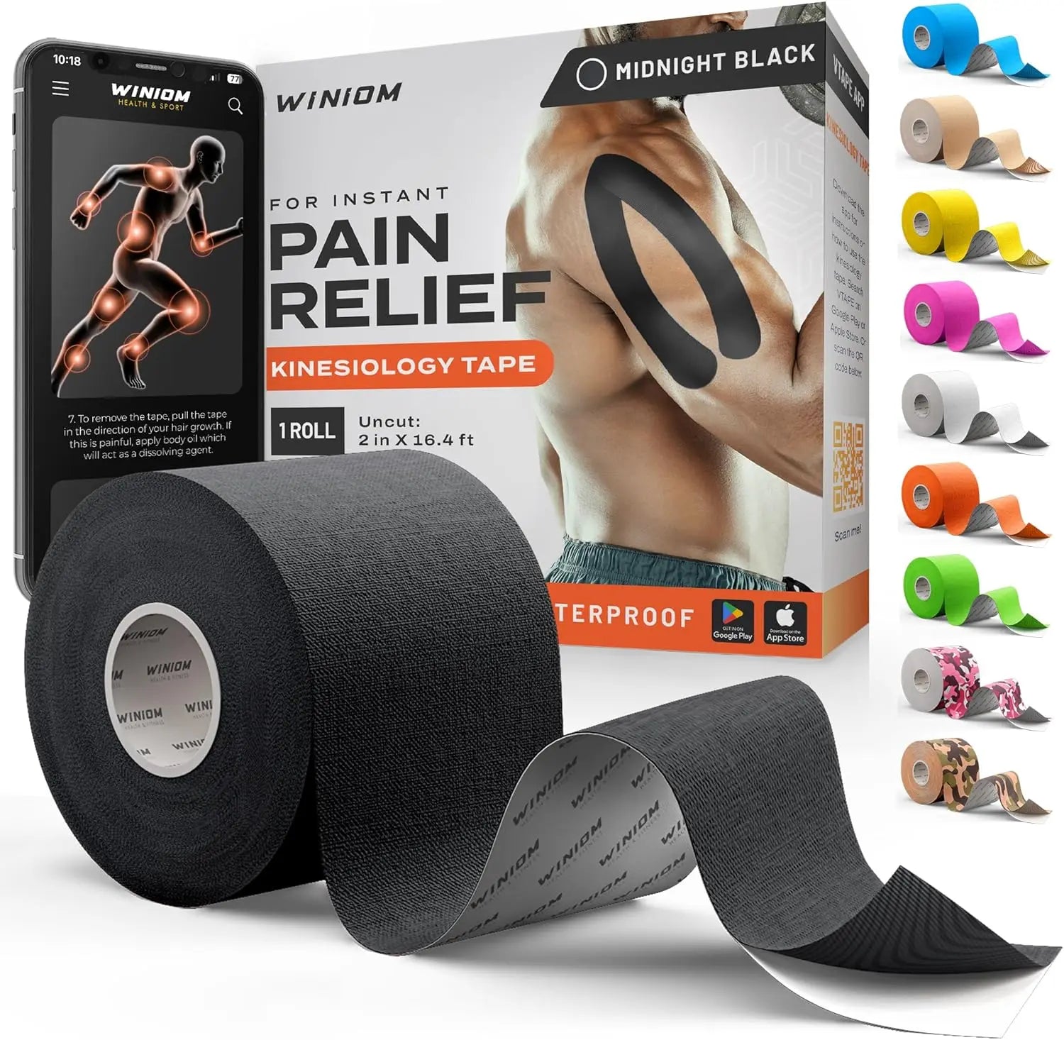 Waterproof Kinesiology Tape for Athletic Support - Knee, Shoulder, Arm & Back, 3-5 Day Adhesion, Hypoallergenic, Latex-Free, Uncut 2"x16.4ft Roll, Midnight Black
