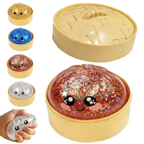 Glitter Dumpling Squishy, 2026 New Bun Squeeze Stress Relief Ball with Steamer Box for Stress Relief (4 Pcs)