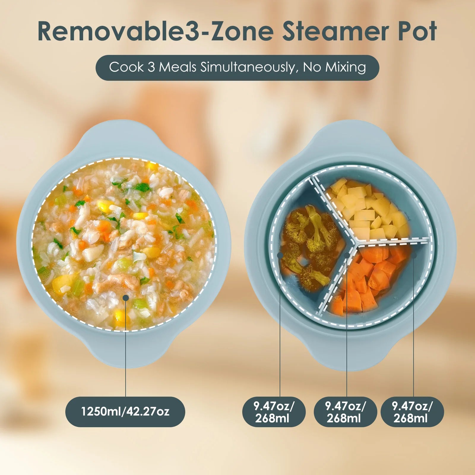 42oz Silicone Soup Pot Liner Steamer Bowl 3 Grids Food Vegetable Container Oven Microwave Safe Kitchen Cooking Baking Gadget