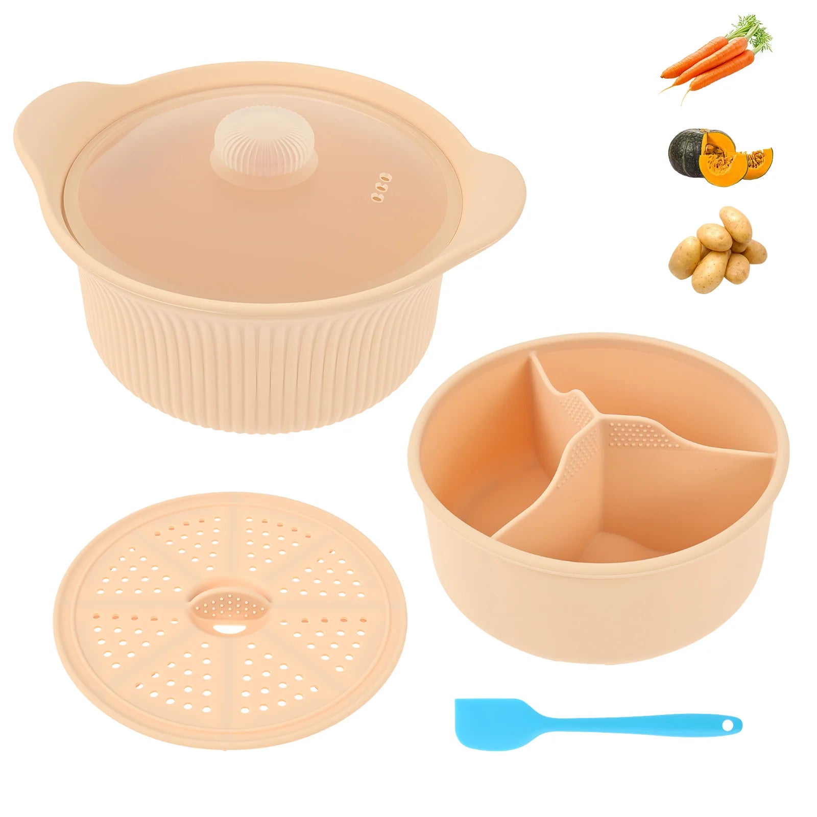 42oz Silicone Soup Pot Liner Steamer Bowl 3 Grids Food Vegetable Container Oven Microwave Safe Kitchen Cooking Baking Gadget