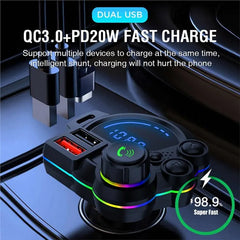 Wireless Car Adapter Bluetooth 5.3 FM Transmitter MP3 Music Player QC3.0& PD 20W Dual Fast Charging