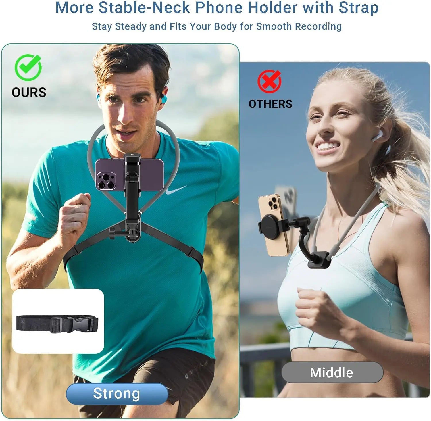 Neck Phone Holder for Go Pro/Video Recording, Wearable Hands Free POV/Vlog Selfie Mount 360°Adjustable Around Cell Phone Stand