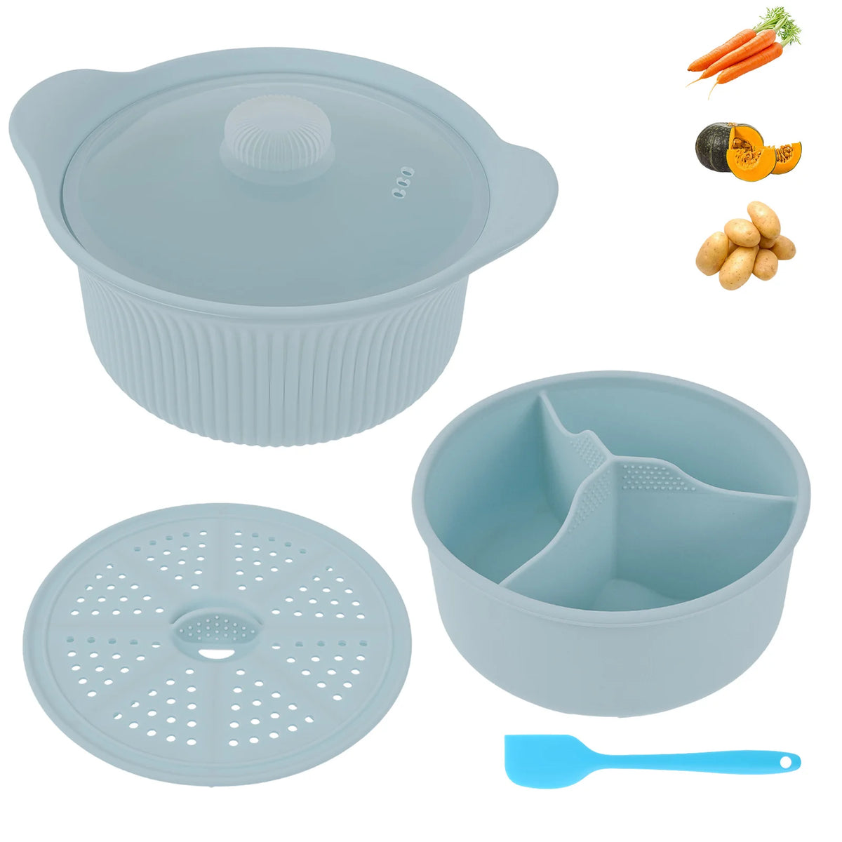 42oz Silicone Soup Pot Liner Steamer Bowl 3 Grids Food Vegetable Container Oven Microwave Safe Kitchen Cooking Baking Gadget