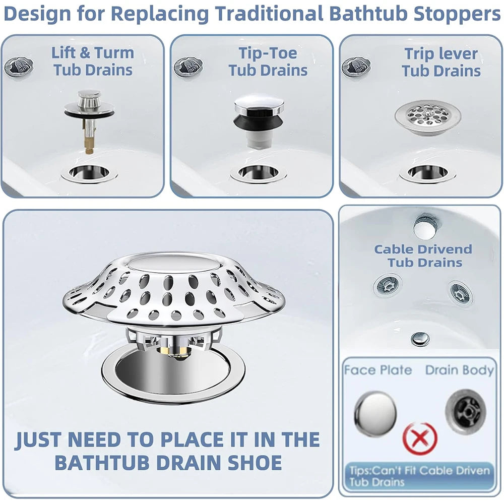 2 in 1 Bathtub Hair Catcher Stopper with Dual Filtration, Anti-Clog Drain Cover Plug for Tub Shower