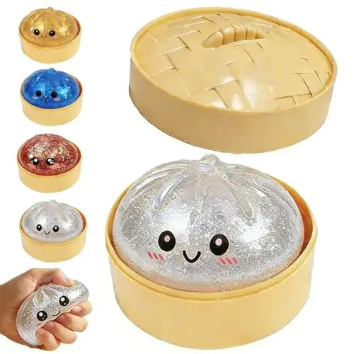 Glitter Dumpling Squishy, 2026 New Bun Squeeze Stress Relief Ball with Steamer Box for Stress Relief (4 Pcs)