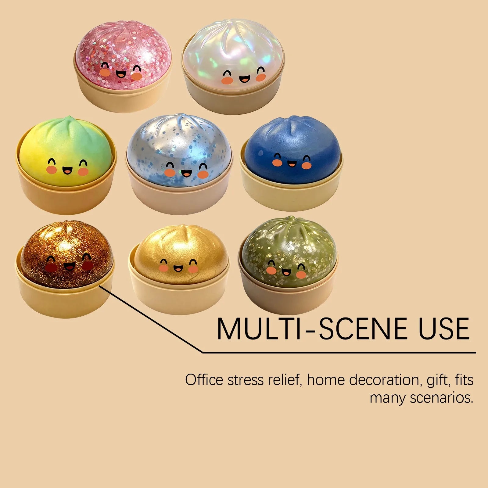 Glitter Dumpling Squishy, 2026 New Bun Squeeze Stress Relief Ball with Steamer Box for Stress Relief (4 Pcs)