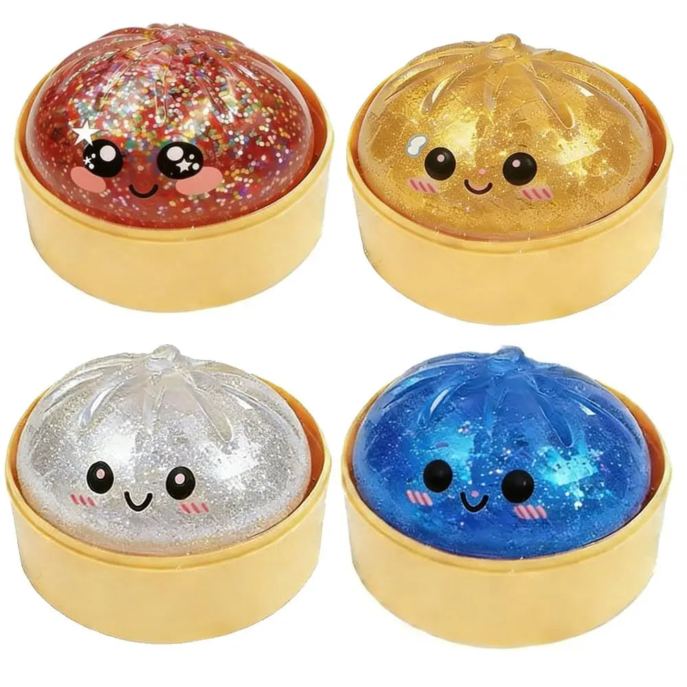 Glitter Dumpling Squishy, 2026 New Bun Squeeze Stress Relief Ball with Steamer Box for Stress Relief (4 Pcs)