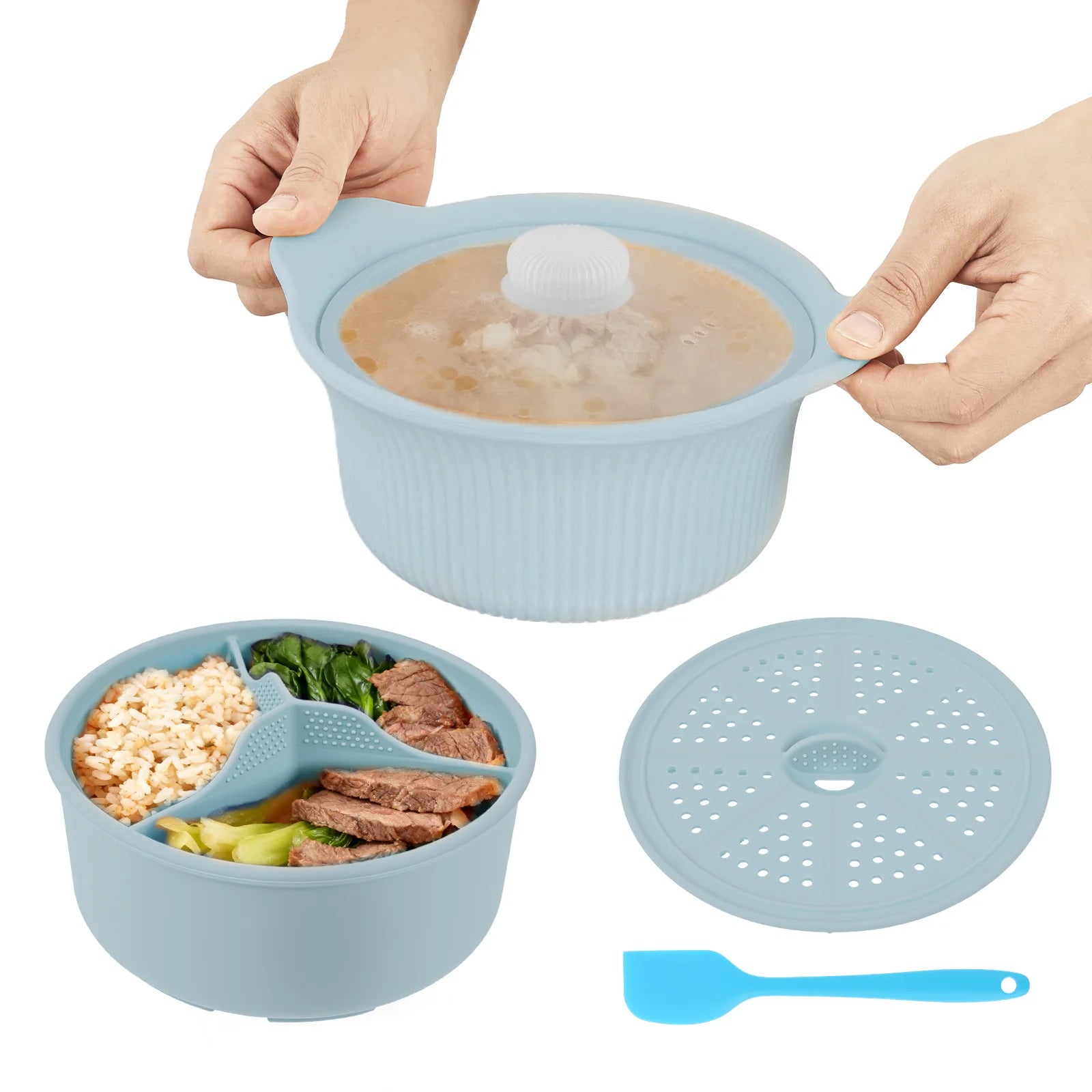 42oz Silicone Soup Pot Liner Steamer Bowl 3 Grids Food Vegetable Container Oven Microwave Safe Kitchen Cooking Baking Gadget