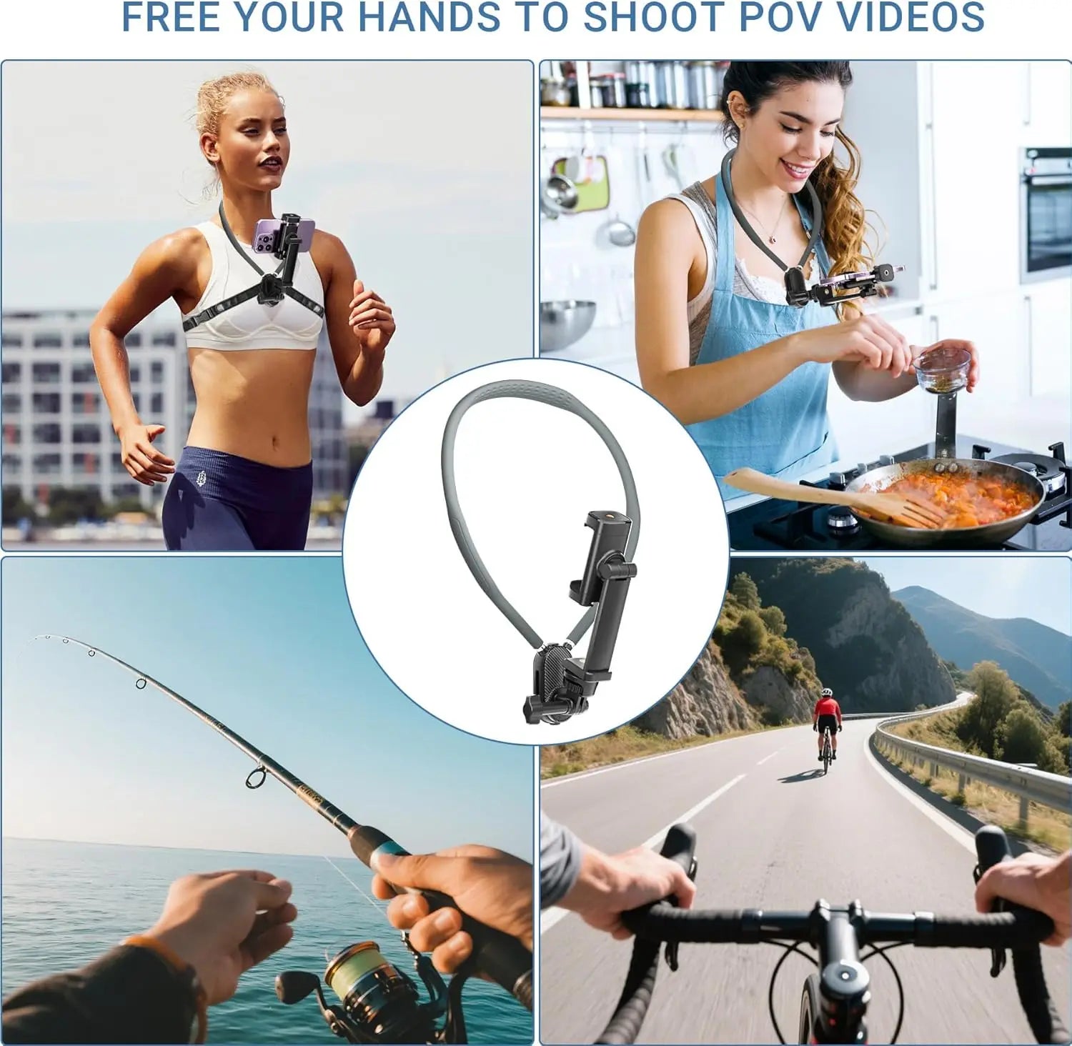 Neck Phone Holder for Go Pro/Video Recording, Wearable Hands Free POV/Vlog Selfie Mount 360°Adjustable Around Cell Phone Stand