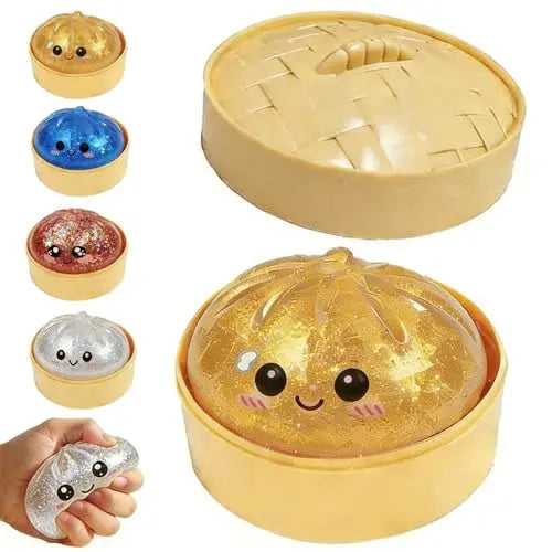 Glitter Dumpling Squishy, 2026 New Bun Squeeze Stress Relief Ball with Steamer Box for Stress Relief (4 Pcs)