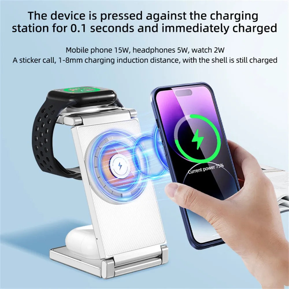 Newest 3 IN 1 Magnetic Wireless Charger For iPhone 15 14 13 12 Pro Max Fast Charging Dock Station For Airpods Apple Watch SE 8 7
