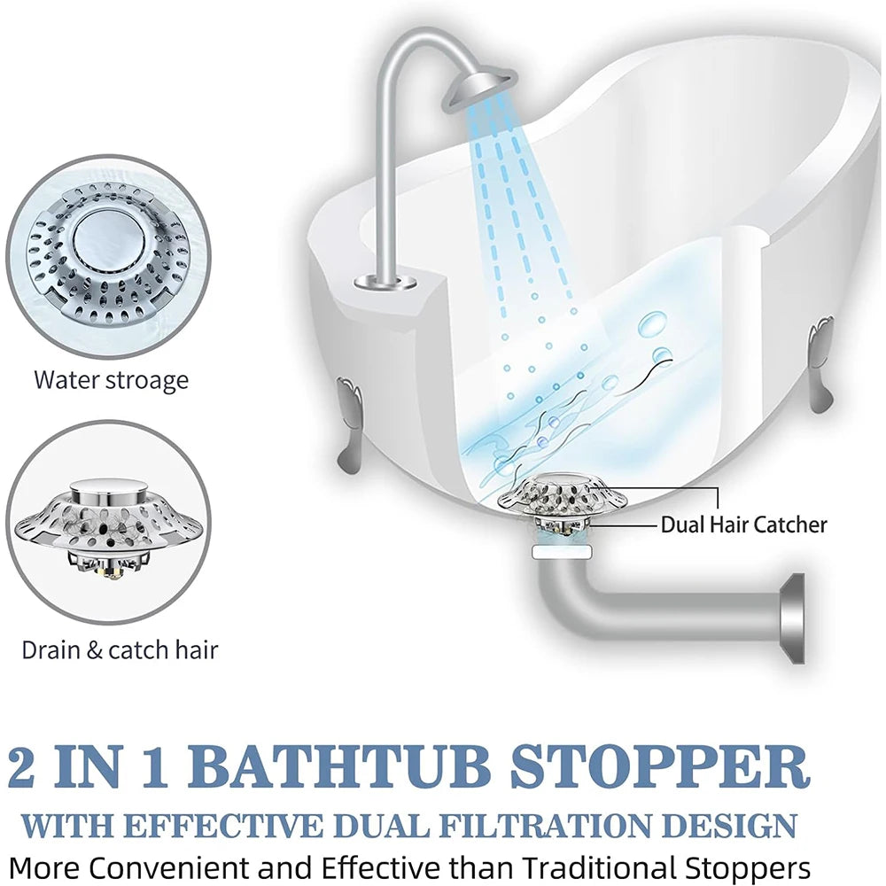 2 in 1 Bathtub Hair Catcher Stopper with Dual Filtration, Anti-Clog Drain Cover Plug for Tub Shower