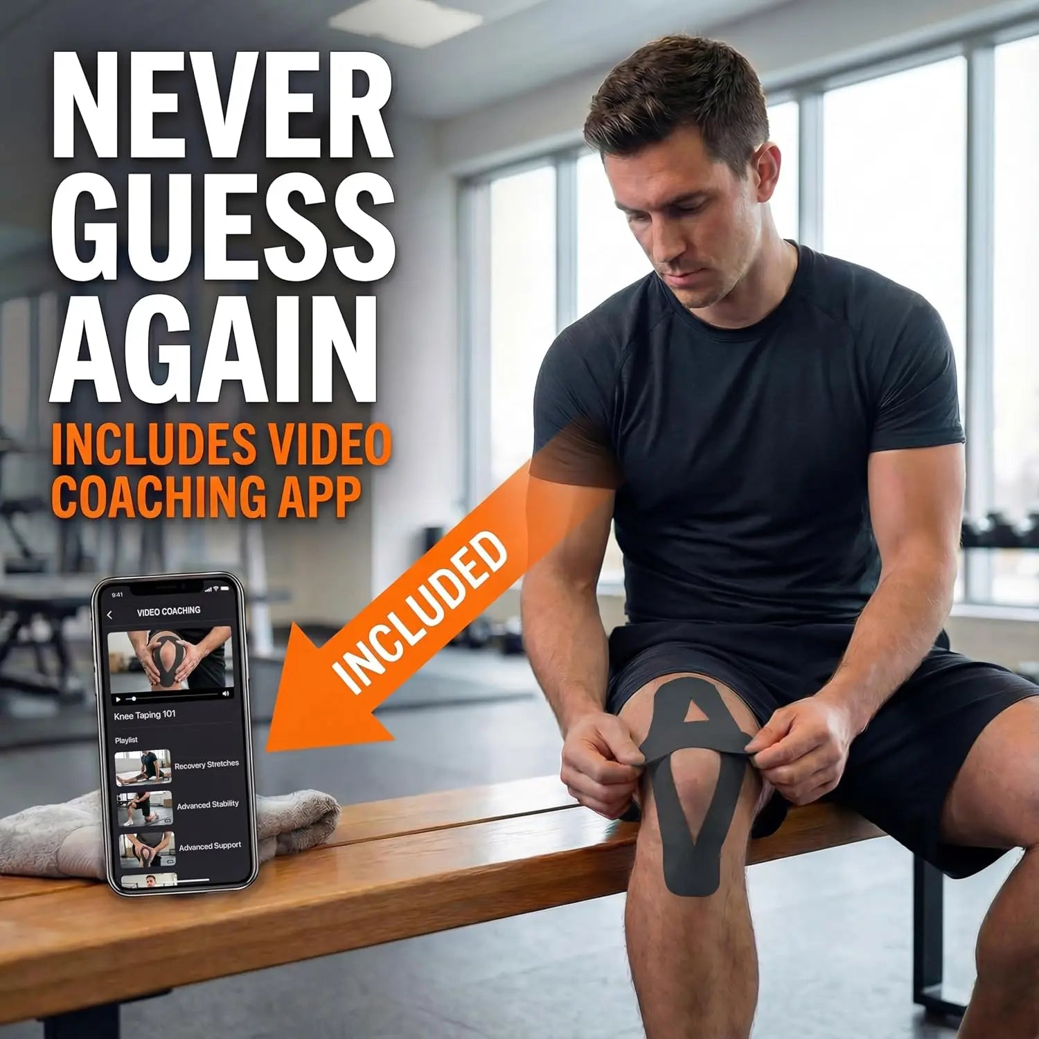 Waterproof Kinesiology Tape for Athletic Support - Knee, Shoulder, Arm & Back, 3-5 Day Adhesion, Hypoallergenic, Latex-Free, Uncut 2"x16.4ft Roll, Midnight Black