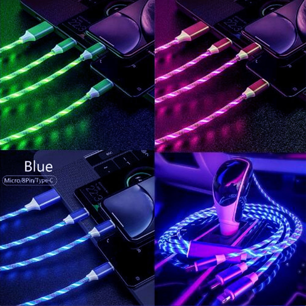 3-in-1 5A quick charging cable 3 function plug with Led light Flowing light shining design for Micro USB Type-C iPhone Port