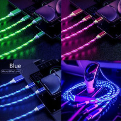 3-in-1 5A quick charging cable 3 function plug with Led light Flowing light shining design for Micro USB Type-C iPhone Port
