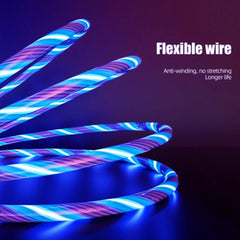 3-in-1 5A quick charging cable 3 function plug with Led light Flowing light shining design for Micro USB Type-C iPhone Port