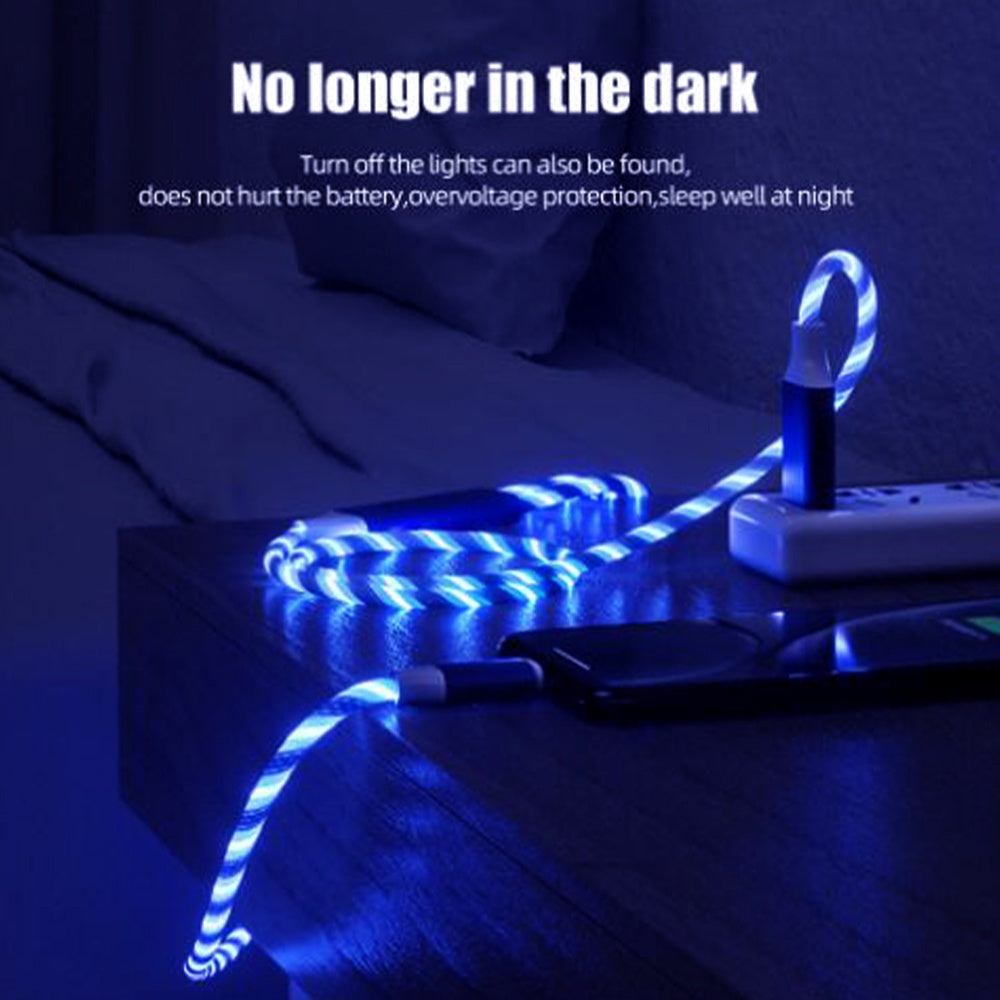 3-in-1 5A quick charging cable 3 function plug with Led light Flowing light shining design for Micro USB Type-C iPhone Port