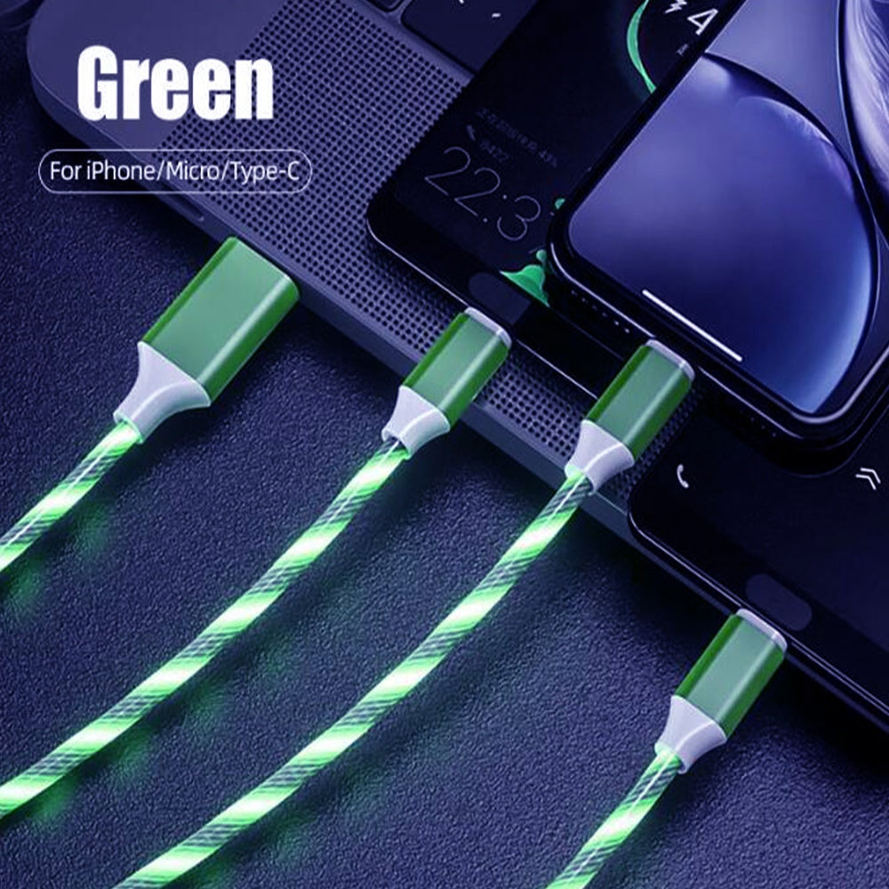 3-in-1 5A quick charging cable 3 function plug with Led light Flowing light shining design for Micro USB Type-C iPhone Port