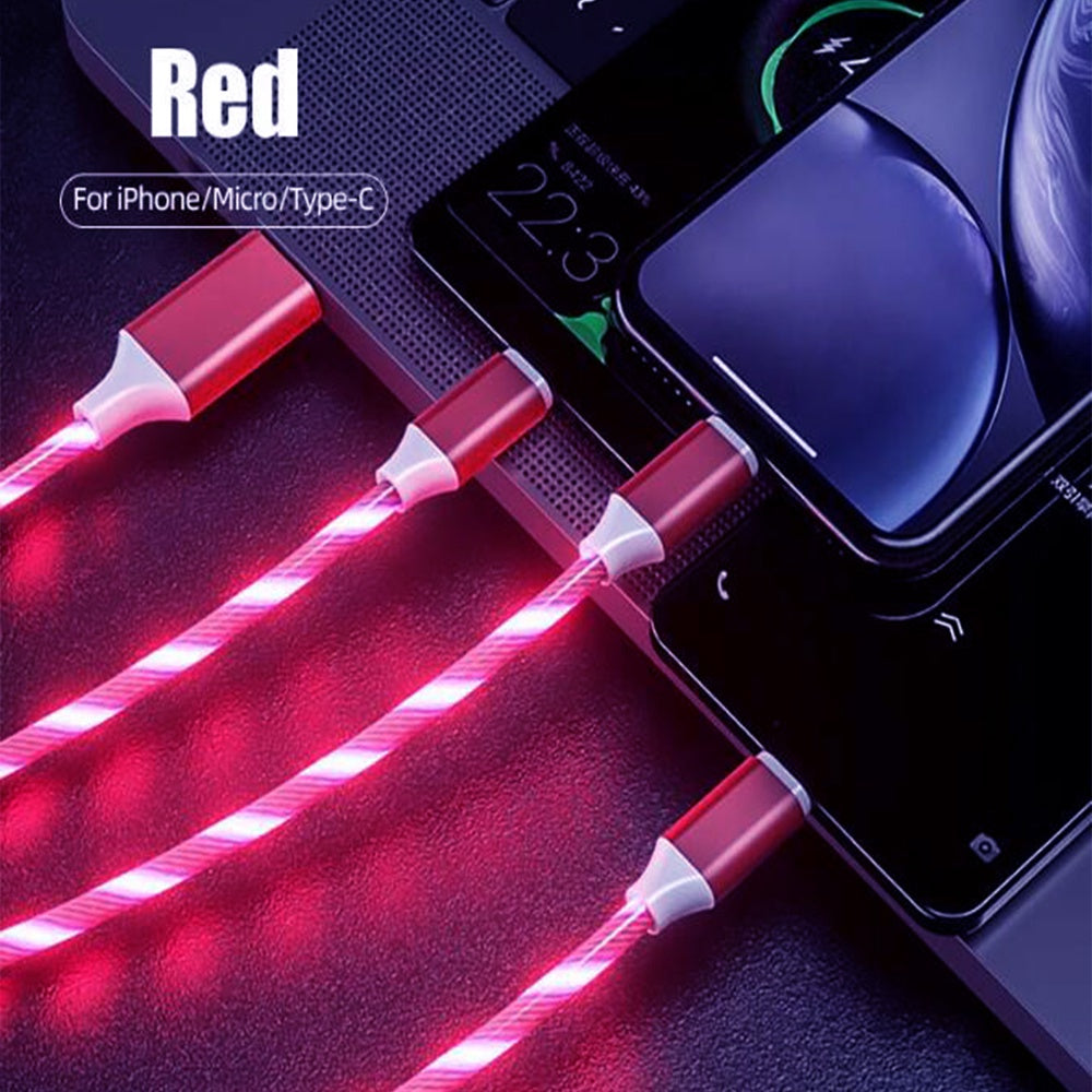 3-in-1 5A quick charging cable 3 function plug with Led light Flowing light shining design for Micro USB Type-C iPhone Port