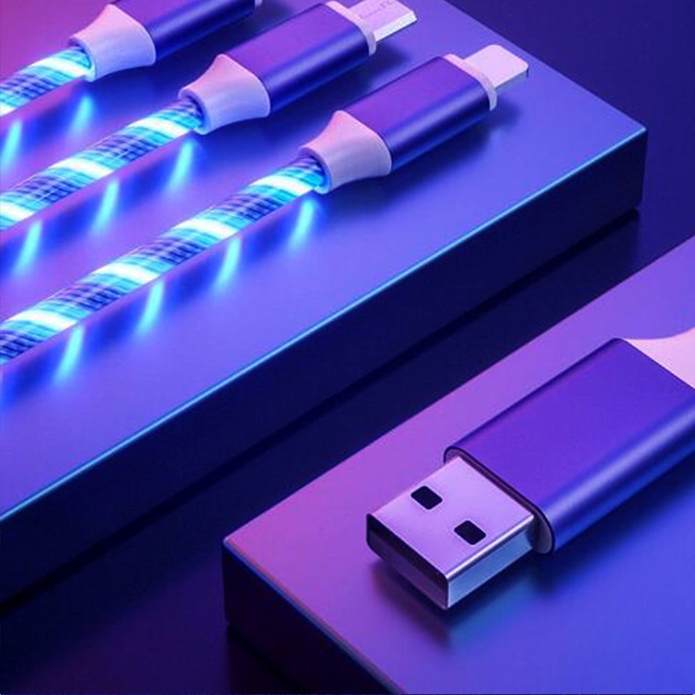 3-in-1 5A quick charging cable 3 function plug with Led light Flowing light shining design for Micro USB Type-C iPhone Port