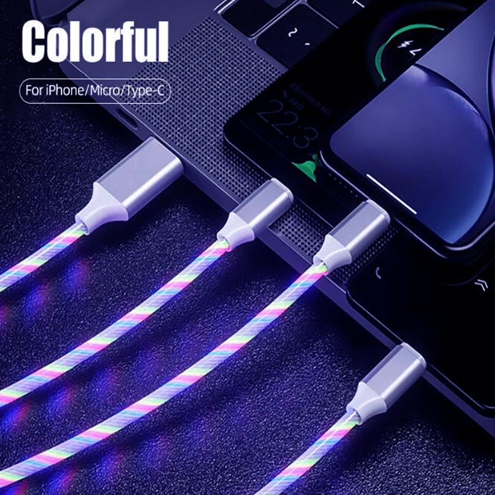 3-in-1 5A quick charging cable 3 function plug with Led light Flowing light shining design for Micro USB Type-C iPhone Port