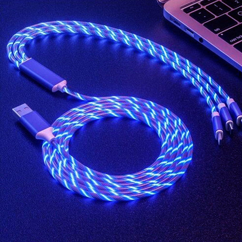 3-in-1 5A quick charging cable 3 function plug with Led light Flowing light shining design for Micro USB Type-C iPhone Port
