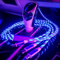 3-in-1 5A quick charging cable 3 function plug with Led light Flowing light shining design for Micro USB Type-C iPhone Port