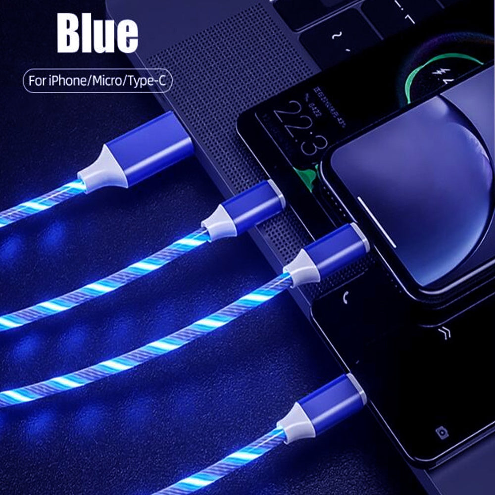 3-in-1 5A quick charging cable 3 function plug with Led light Flowing light shining design for Micro USB Type-C iPhone Port